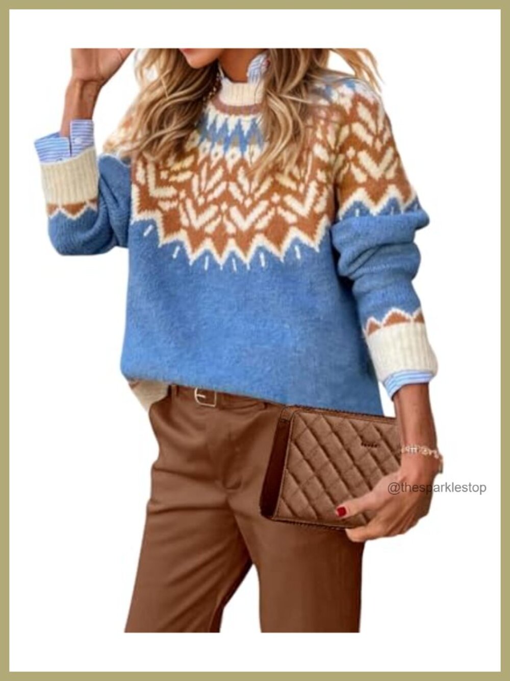 Womens Fair Isle Sweater Vintage Knit Pullover Mock Neck Fall Winter